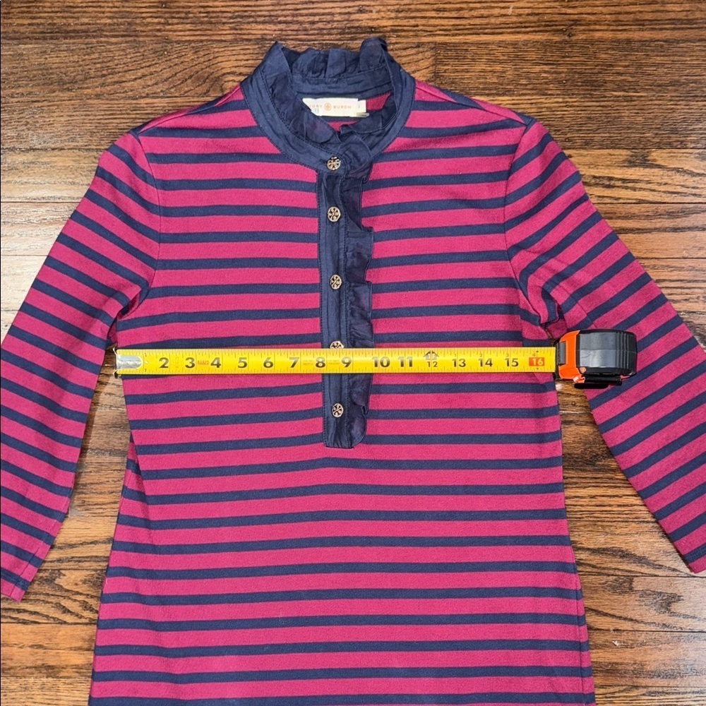 Tory Burch Striped Cotton Shift Dress Red Navy Ruffle Neck Logo Buttons Size S - Picture 9 of 11